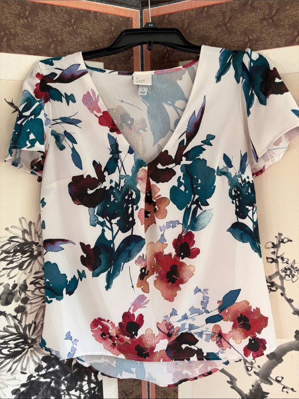 Floral V-Neck Short Sleeve Blouse - White/Teal/Pink